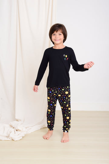 Pijama Longo Infantil Happy Boom Estampa Estrelas Viscose Preto