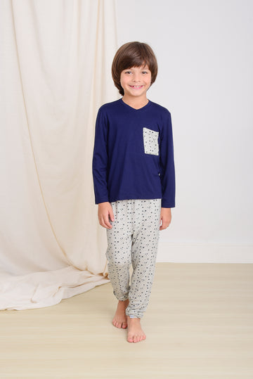 Pijama Longo Infantil Happy Star Estampa Estrelas Viscose Cinza