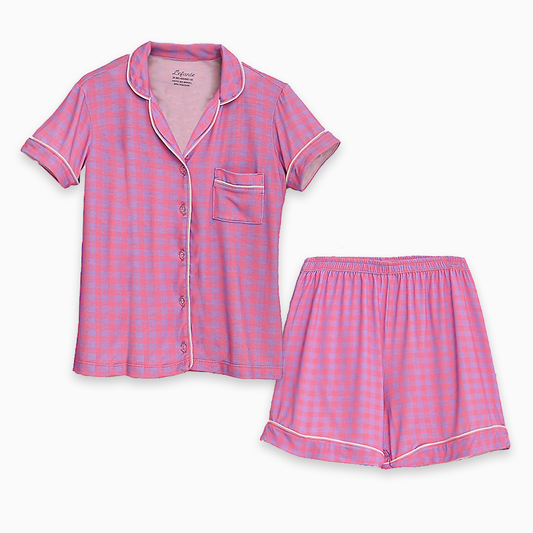 Pijama Americano Curto Feminino Infantil Stella Estampa Xadrez Viscose Rosa