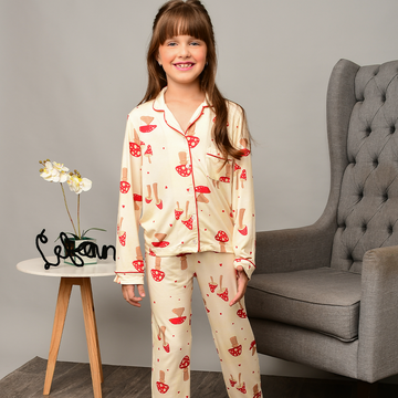 Pijama Americano Feminino Paris Estampa Cogumelos Viscose Off White