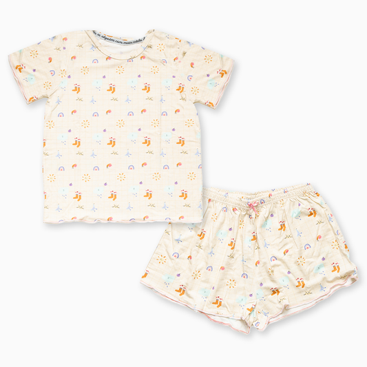 Pijama Curto Infantil Sunshine Estampa Natureza Viscose Off White