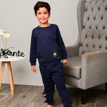 Conjunto Infantil Morel Estampa Sol e Cogumelo Moletinho Marinho