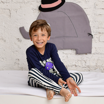 Pijama Longo Infantil Shimeji Estampa Cogumelos Viscose Marinho