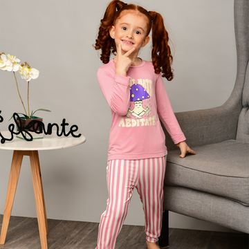 Pijama Longo Infantil Shimeji Estampa Cogumelos Viscose Rosa
