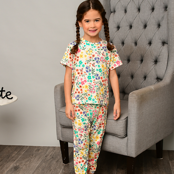 Pijama Trijunto Infantil Portobelo Floral Estampa Flores Viscose Amarela