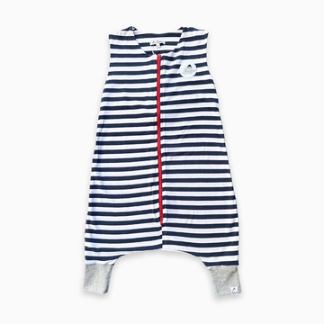 Saco De Dormir Com Pé Marinheiro Estampa Listras Malha Azul Ziper Vermelho
