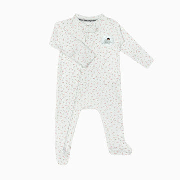 Macacão Bebê com Zíper Flor Estampa Flores Suedine Egípcio Branco