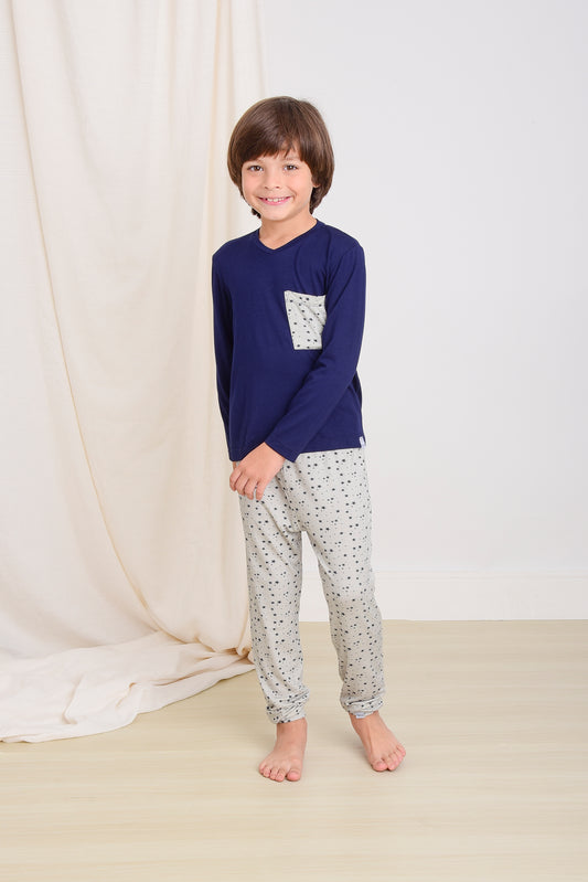 Pijama Longo Infantil Happy Star Estampa Estrelas Viscose Cinza