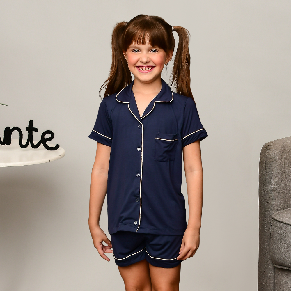 Pijama Americano Feminino Curto Infantil Maria Viscose Marinho
