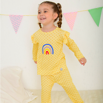 Pijama Longo Infantil Arco Iris Estampa Bolinha Viscose Amarela