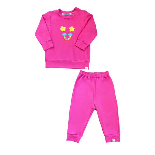 Pijama Longo Infantil Funny Smile Estampa Flores e Arco Íris Moletom Pink
