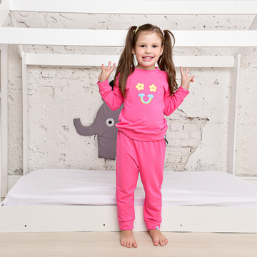 Pijama Longo Infantil Funny Smile Estampa Flores e Arco Íris Moletom Pink