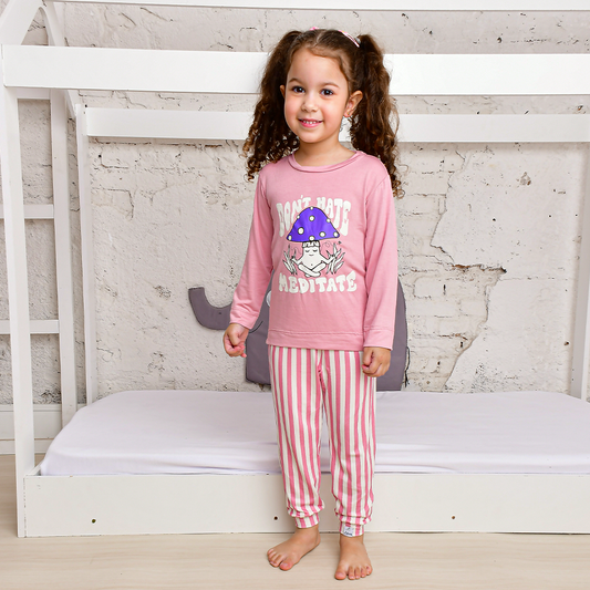 Pijama Longo Infantil Shimeji  Estampa Cogumelos Viscose Rosa