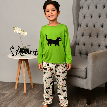 Pijama Trijunto Infantil Enoki Estampa Gatos Viscose Verde