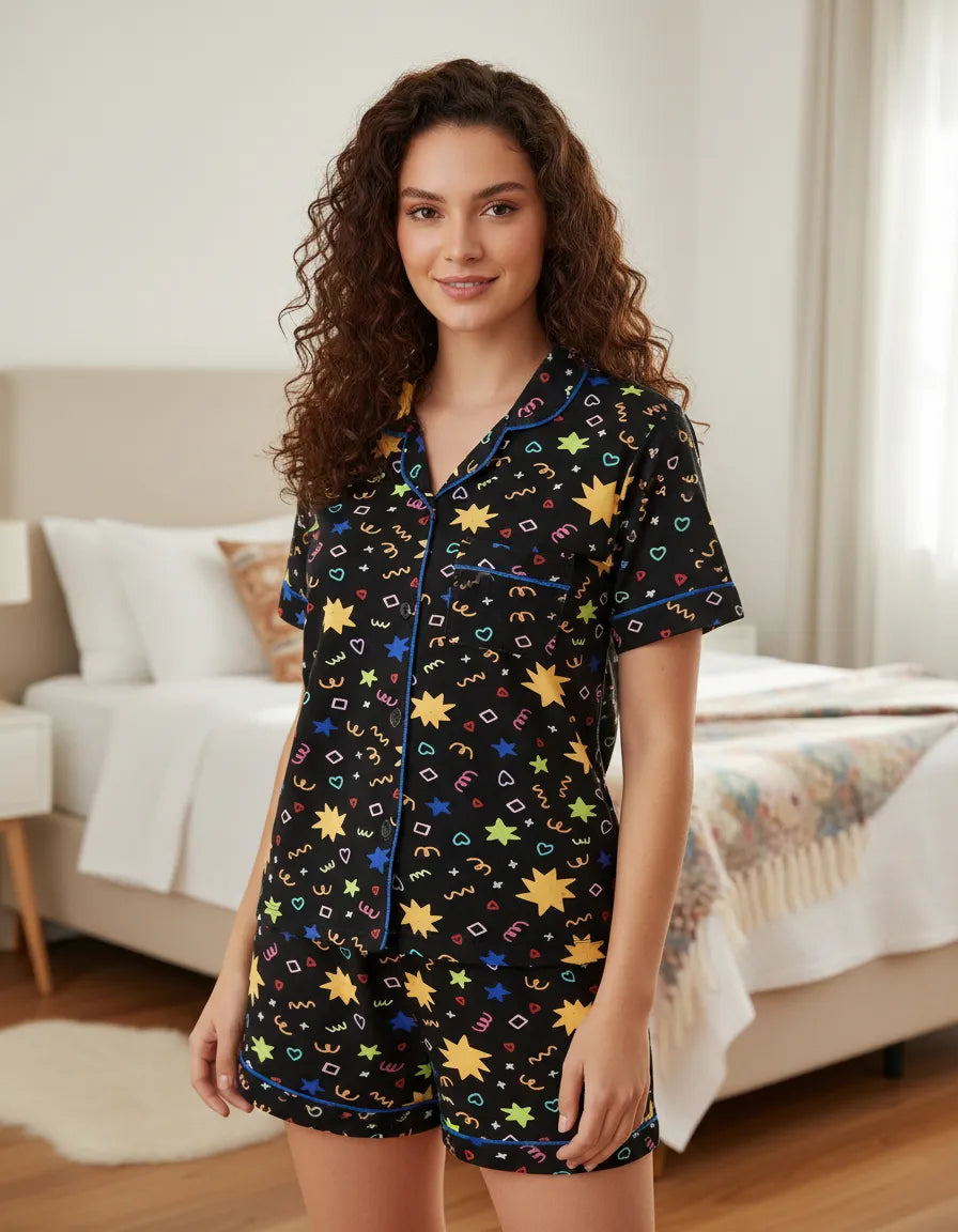 Pijama Americano Feminino Curto Adulto Happy Boom Estampa Estrelas Viscose Preto